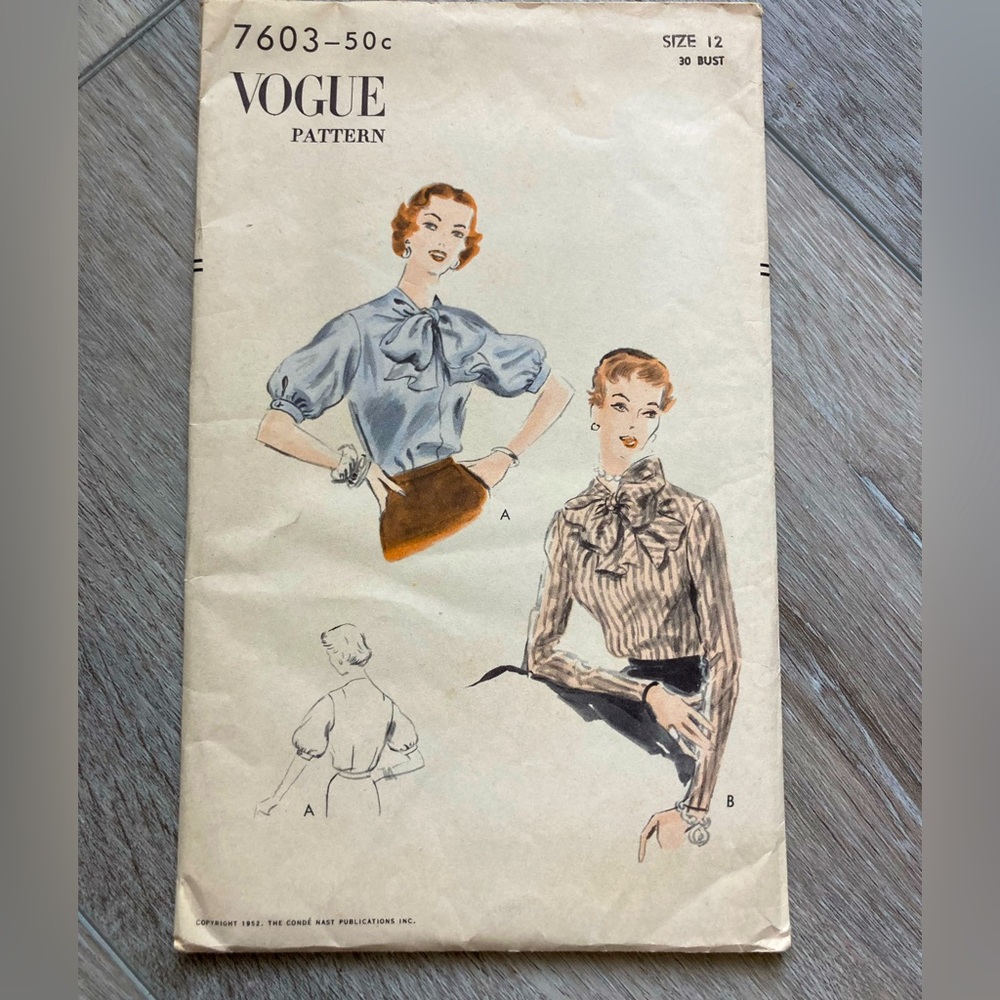Vogue UNCUT No 7603 Pattern Women’s Collarless Blouse with Bow Ties Vintage 1952